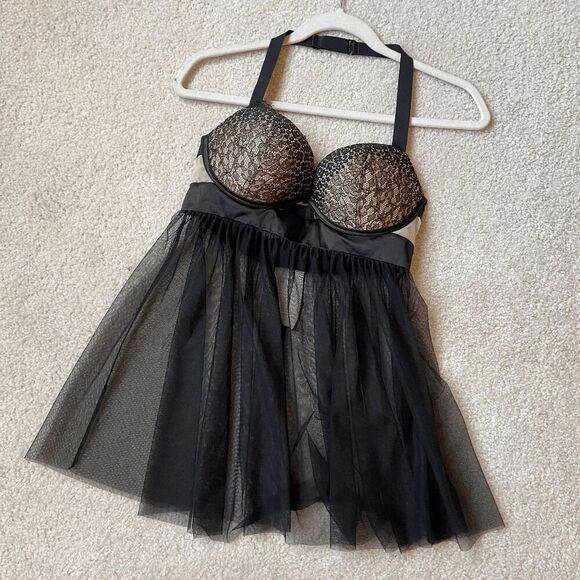 Victoria’s Secret Black Lace Babydoll Chemise Bustier Slip 34D Lingerie Sexy - Picture 1 of 9
